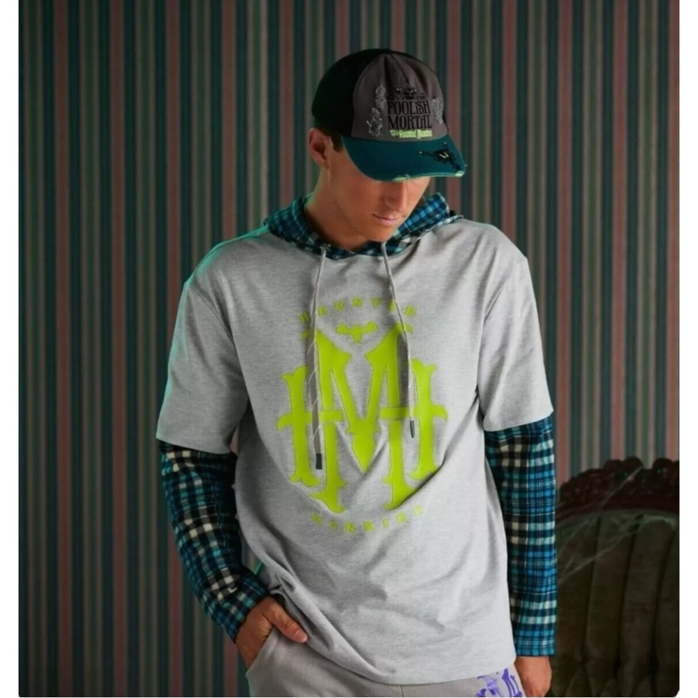 Disney Parks Haunted Mansion Layered Look Flanked Plaid Sleeve Hoodie